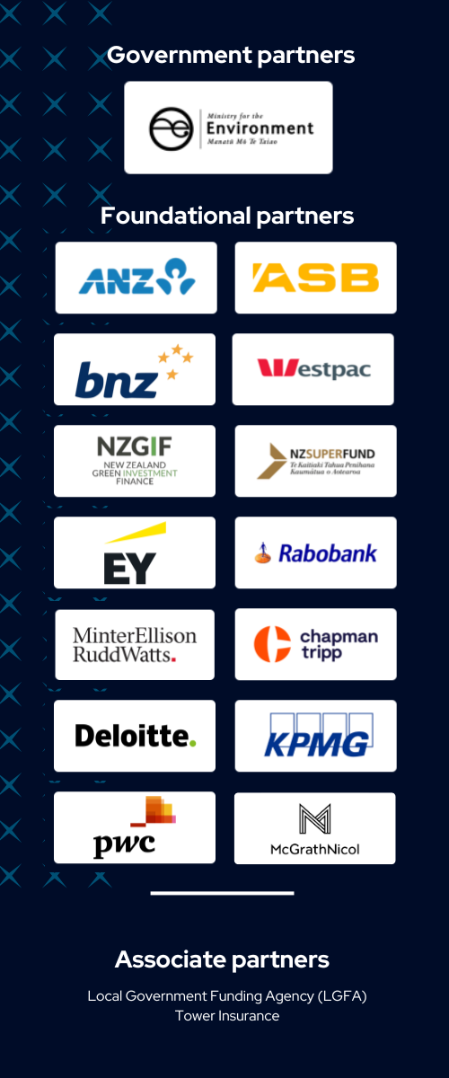 List of logos: ANZ, ASB Bank, Bank of New Zealand, Rabobank, Westpac New Zealand, Ministry for the Environment | Manatū mō te Taiao, New Zealand Green Investment Finance , NZ Super Fund, Chapman Tripp, MinterEllisonRuddWatts, EY, Deloitte, KPMG New Zealand, PwC, HSBC, McGrath Nicol, Local Government Funding Authority, Tower Insurance